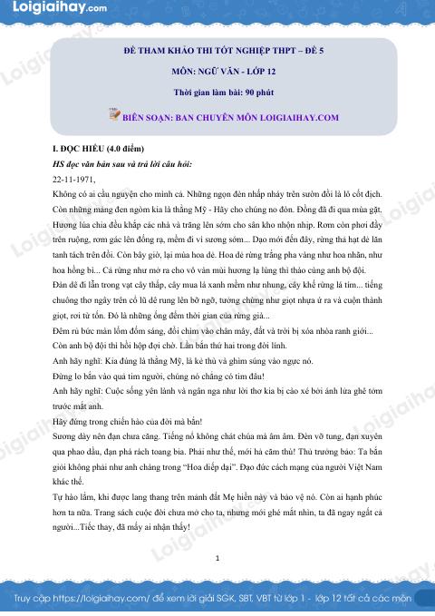 Đề tham khảo thi Văn THPT (Đề số 5) - có lời giải chi tiết